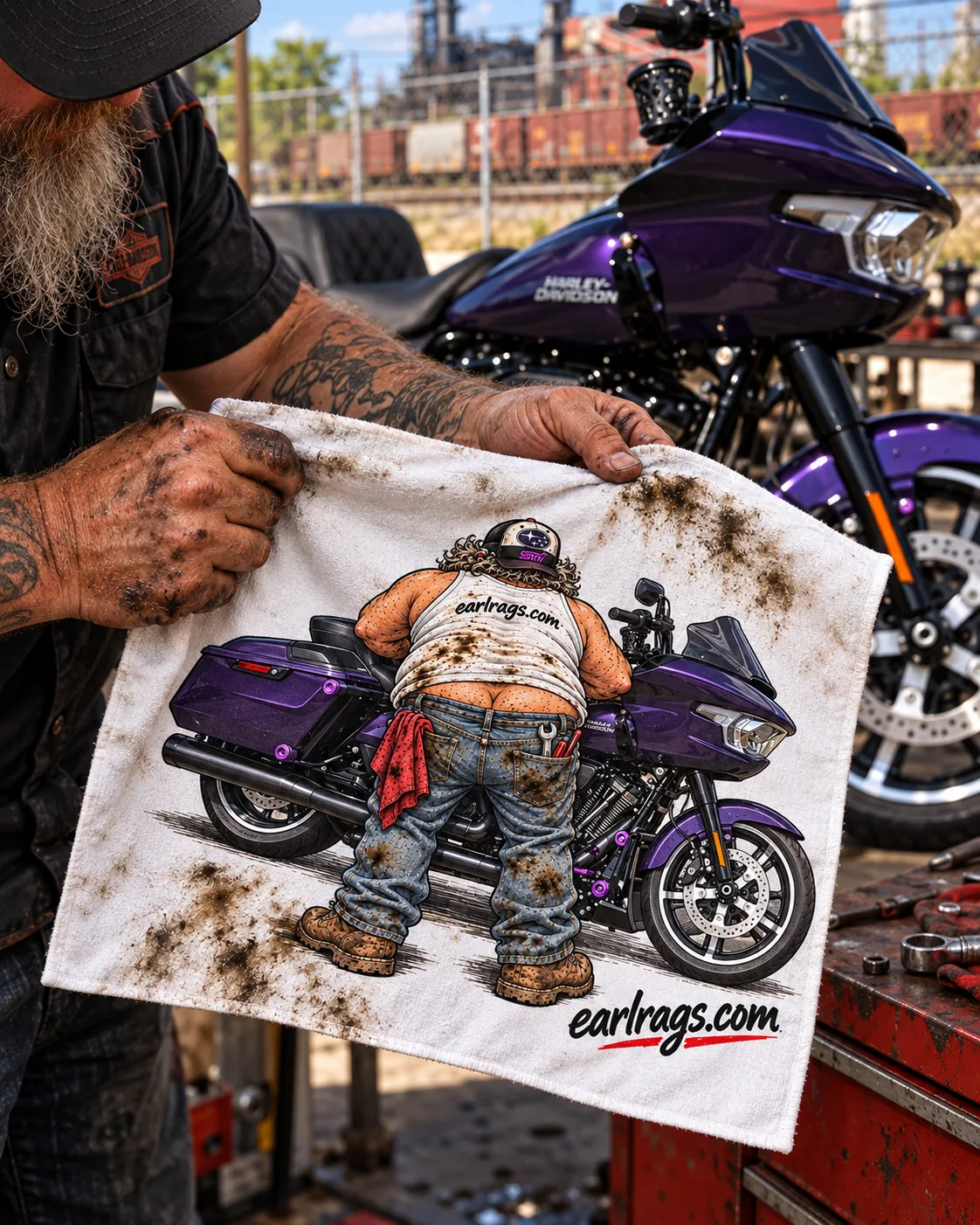 Biker hands holding an Earl Rag featuring a purple bagger motorcycle