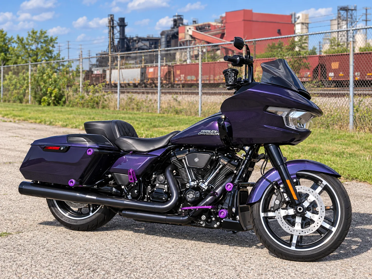 Purple custom bagger motorcycle