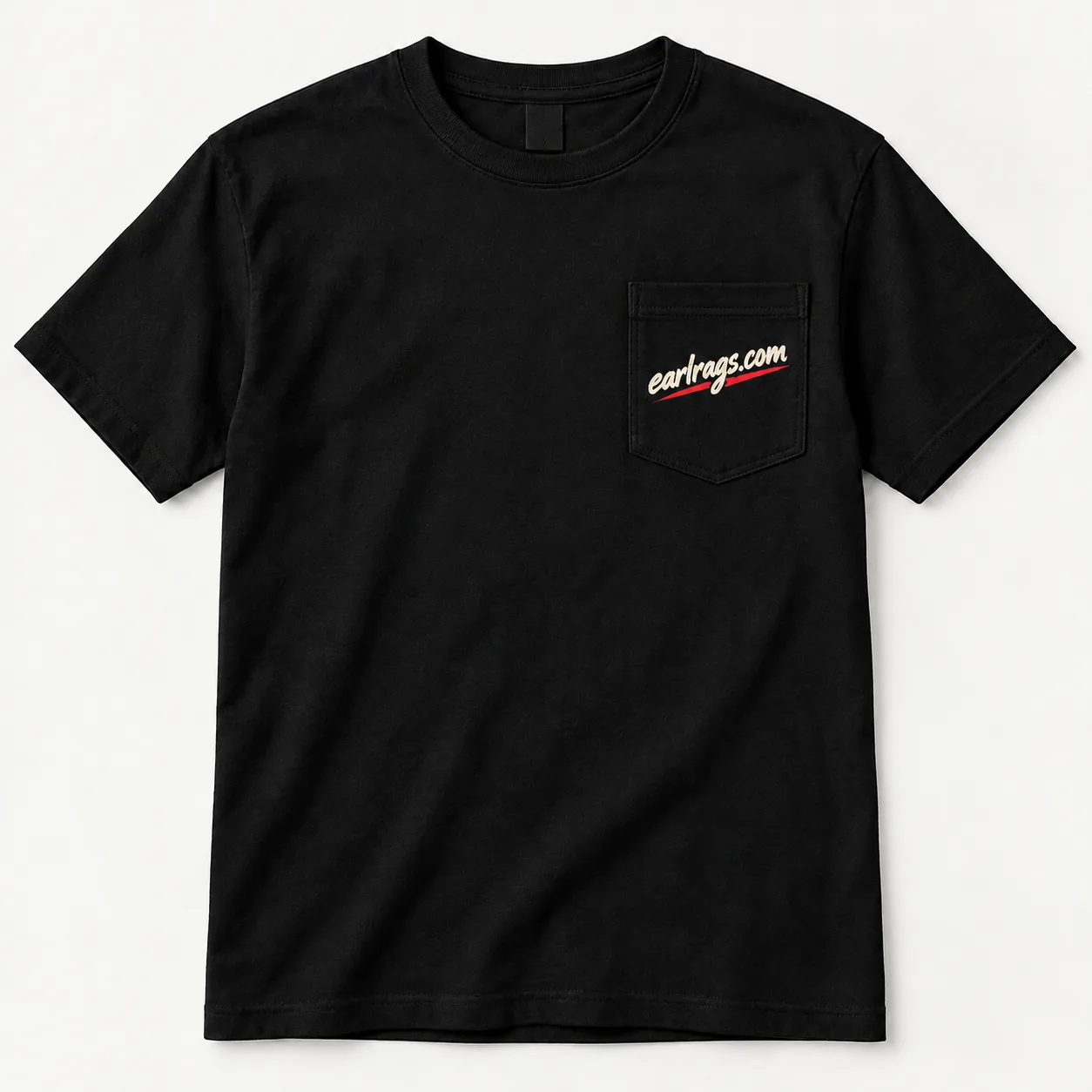 Realistic black pocket T-shirt with EarlRags.com script logo and red underline on the left chest pocket