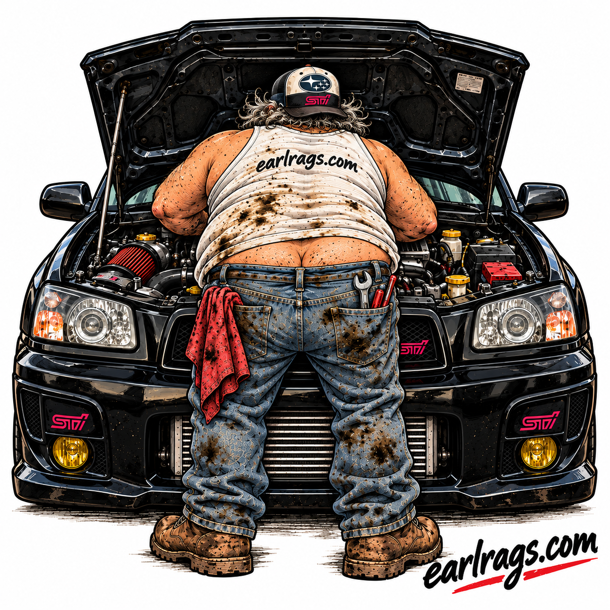 Final Earl Rags transformation with older funnier Earl centered on a black Subaru