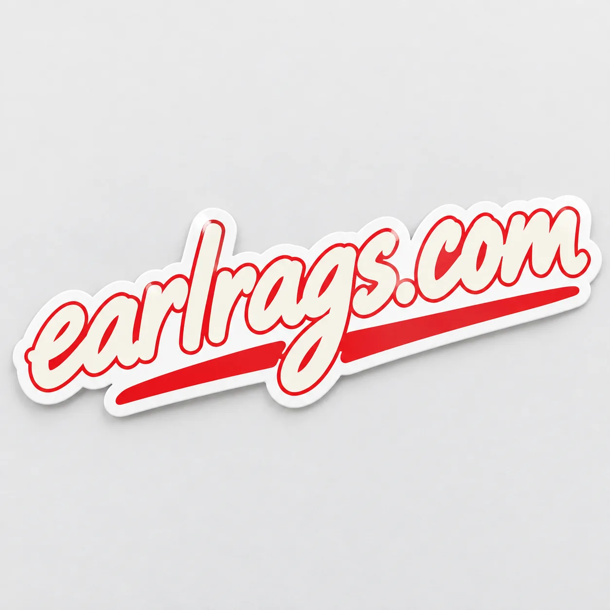 EarlRags.com die-cut script logo sticker with red underline