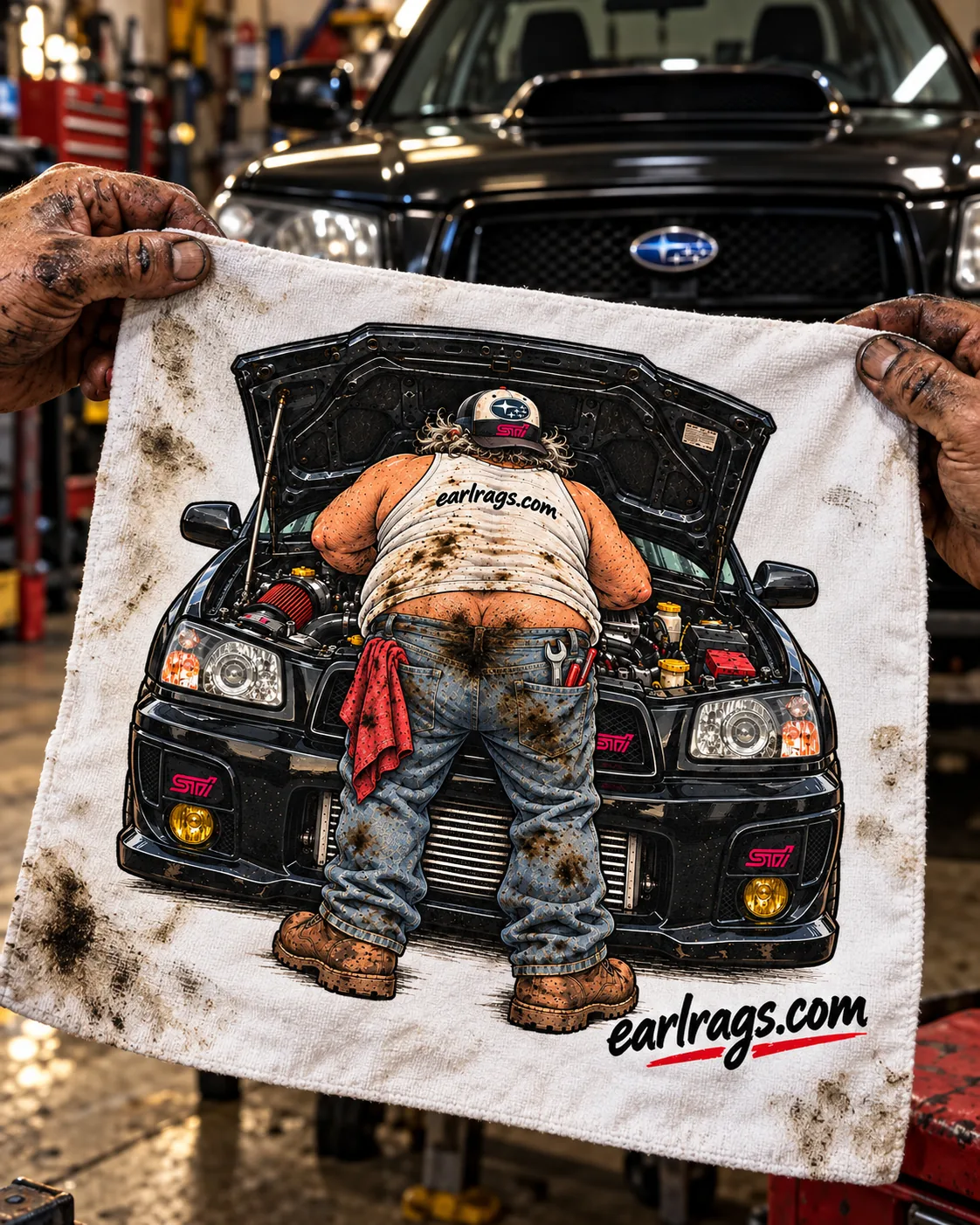 Hands holding an Earl Rag featuring a Subaru Forester and Earl leaning into the engine bay
