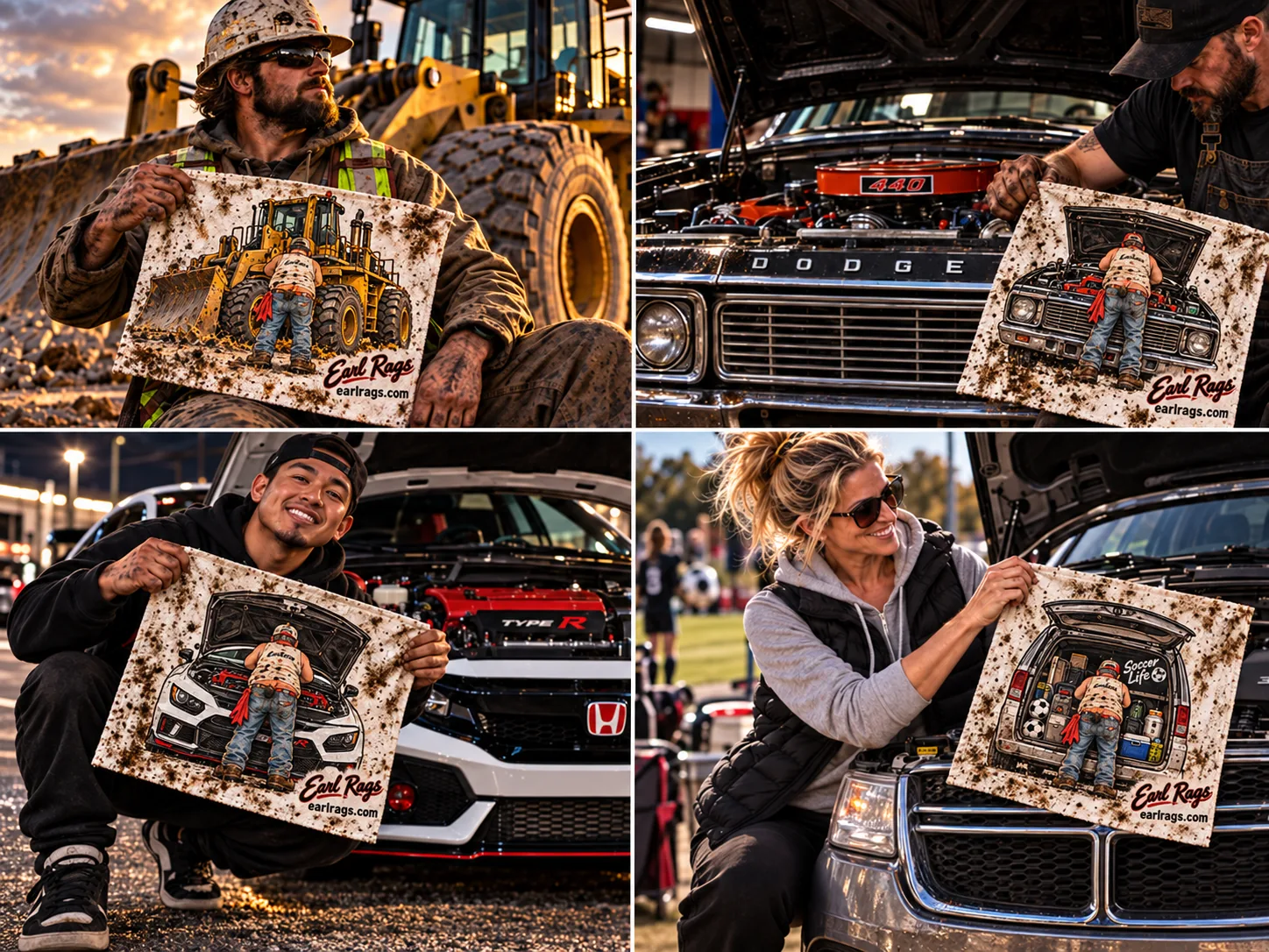Four lifestyle story panels: rig hand with loader, car mechanic with old Dodge, tuner with Honda Civic Type R, and soccer mom with Dodge Caravan, each holding a matching Earl Rag