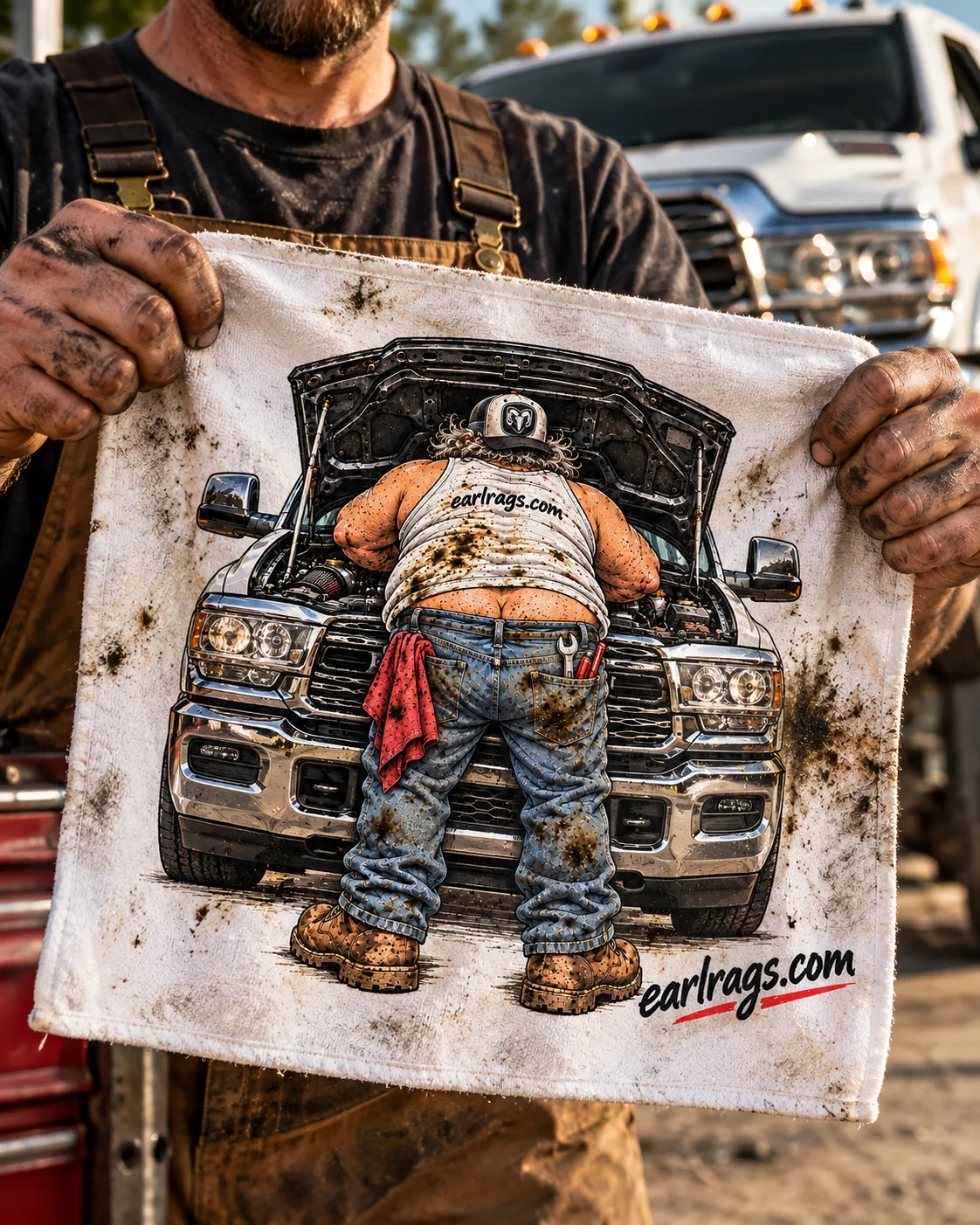 Dirty hands holding an Earl Rag featuring a work truck